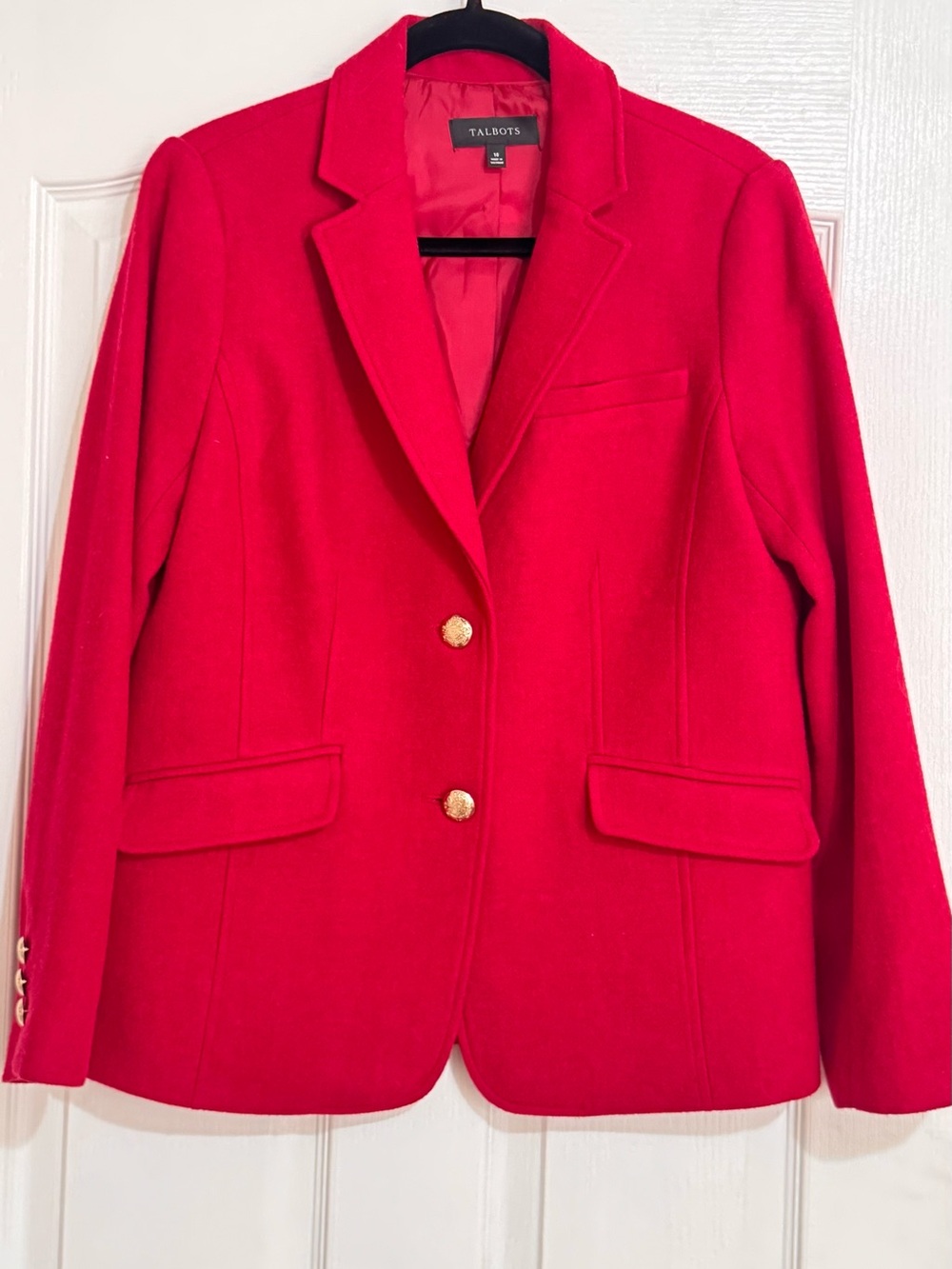 Talbots Bright Red Tailored Wool-Blend Blazer with Gold Buttons